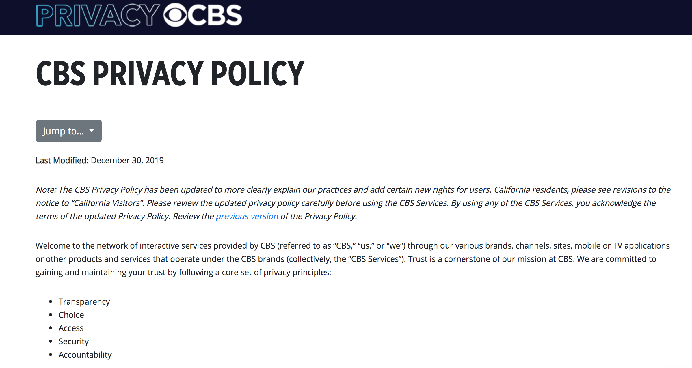 CBS's portal for their privacy policies