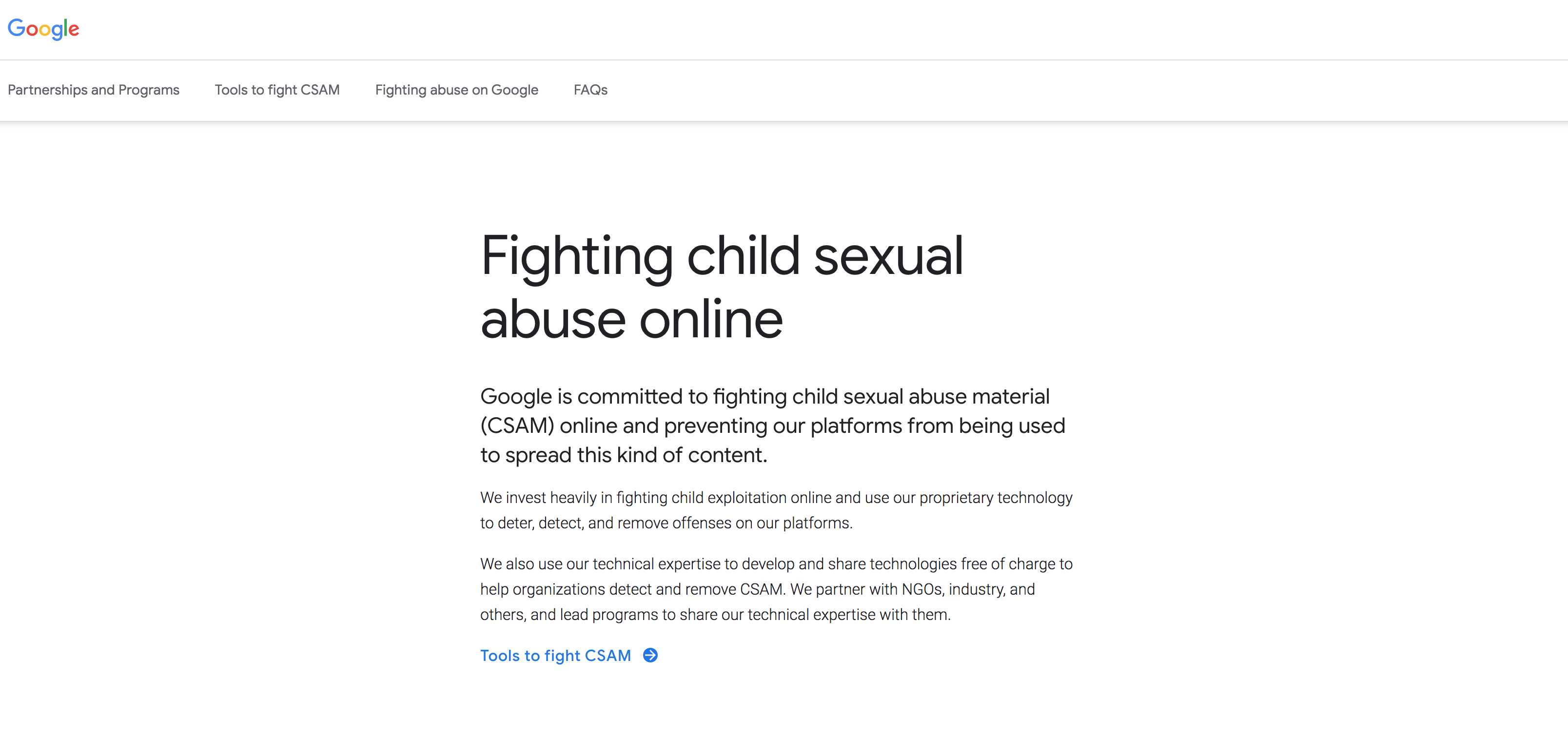 Google's page to announce their approach to combatting online abuse