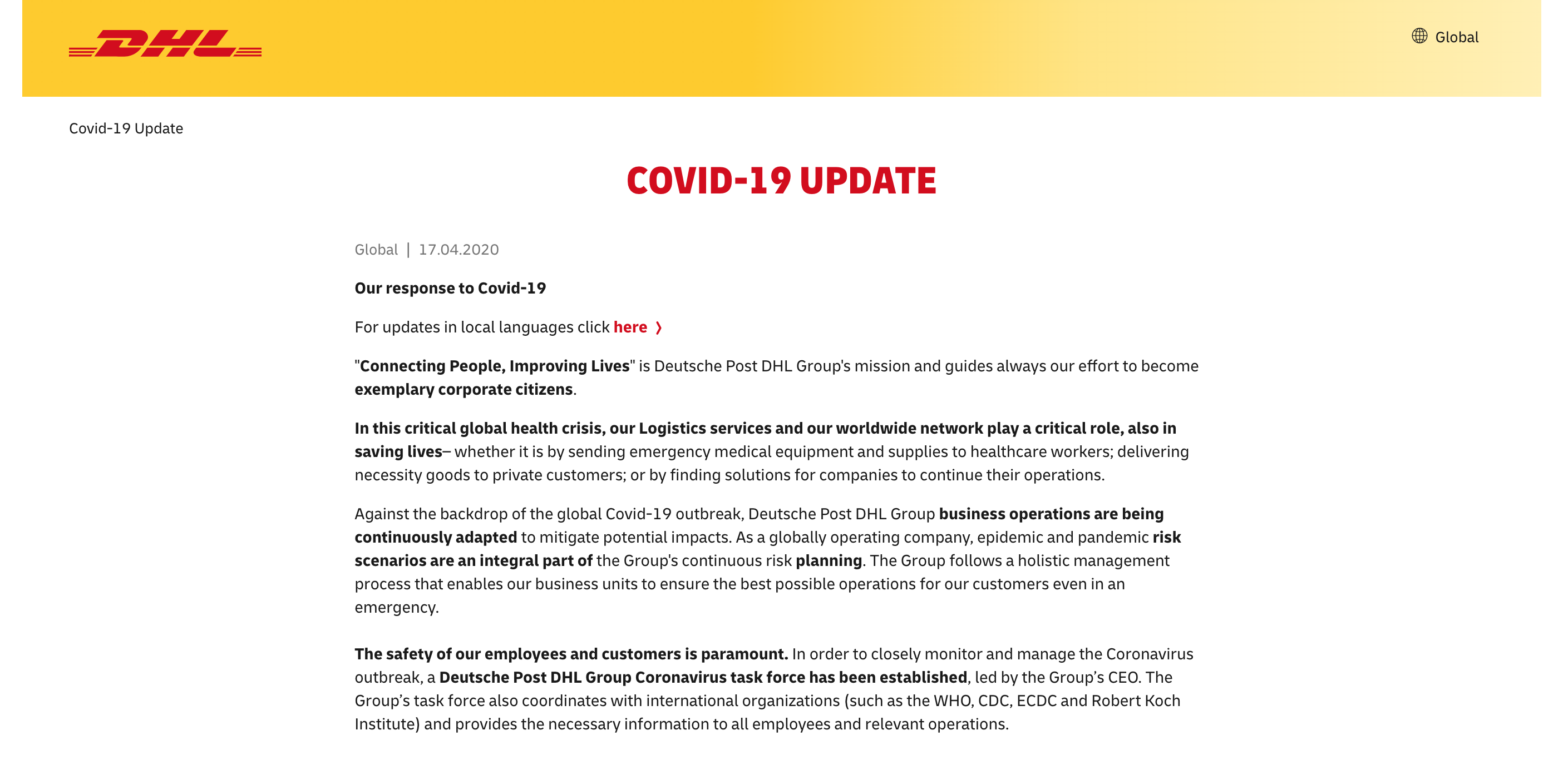 DHL's page for all COVID 19 related information