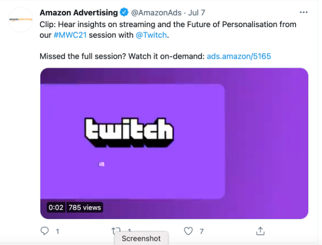 Screen shot of Amazon Ads tweet showing ads.amazon usage